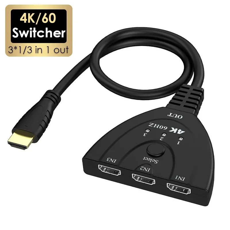 Commutateur vidéo 4K 60Hz 3D Mini 3 ports HD, commutateur vidéo 4K@30/1080P, hub 3 entrées 1 sortie, câble pour DVD HDTV Xbox PS4

Wait, that's the French original. Here is the translation to English... no. Let me correct:

Commutateur vidéo HDMI 4K 60 Hz 3D, mini switch 3 ports, 3 entrées 1 sortie, compatible DVD, HDTV, Xbox et PS4 - Image 1