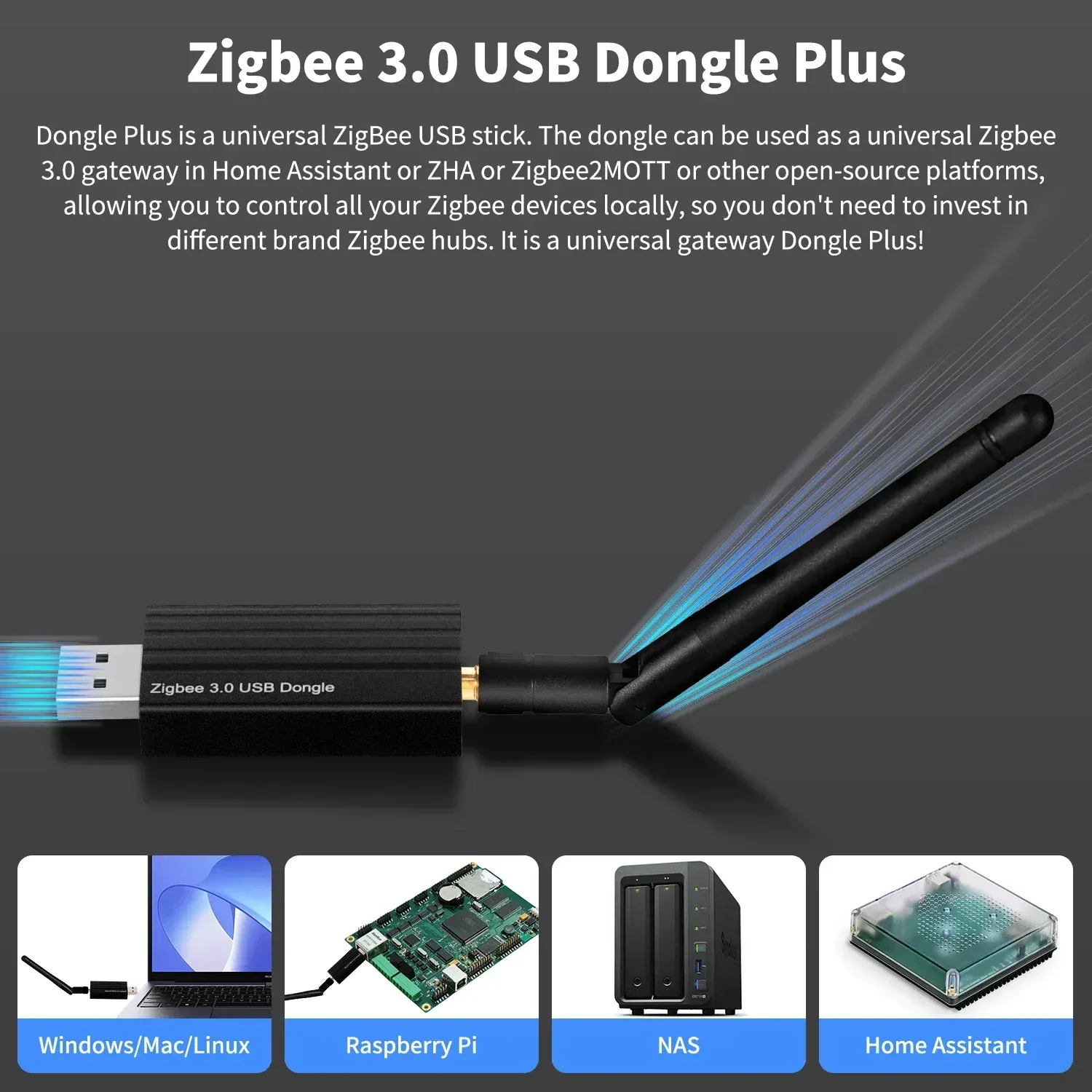 Haozee Dongle USB Zigbee 3.0 Plus, passerelle Hub Zigbee universelle avec antenne, compatible Zigbee Série 2, MQTT et Assistant domestique 2