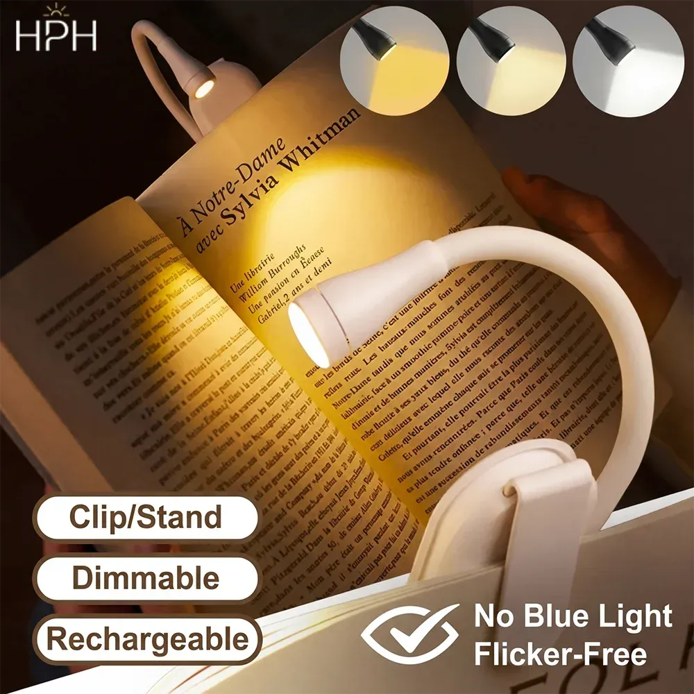 Lampe de lecture LED HPH rechargeable USB à pince, lumière nocturne à intensité variable et protection des yeux - Image 1