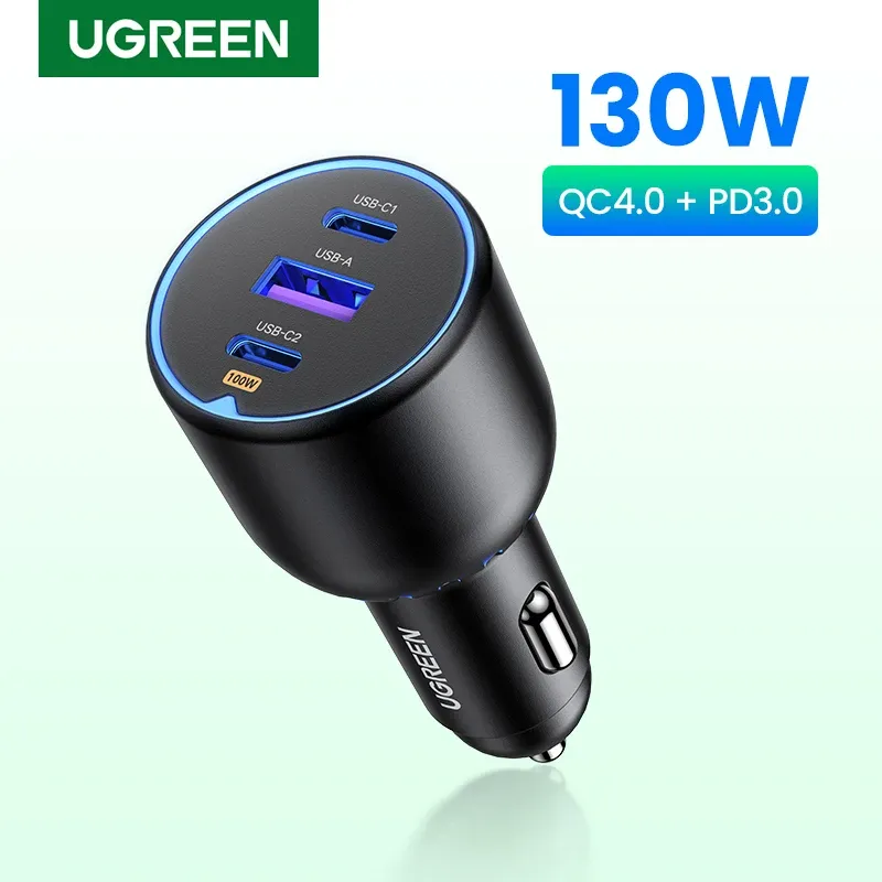Chargeur de voiture USB-C UGREEN 130 W à charge rapide PD 3.0 pour Xiaomi, iPhone, Samsung Galaxy et ordinateurs portables 1