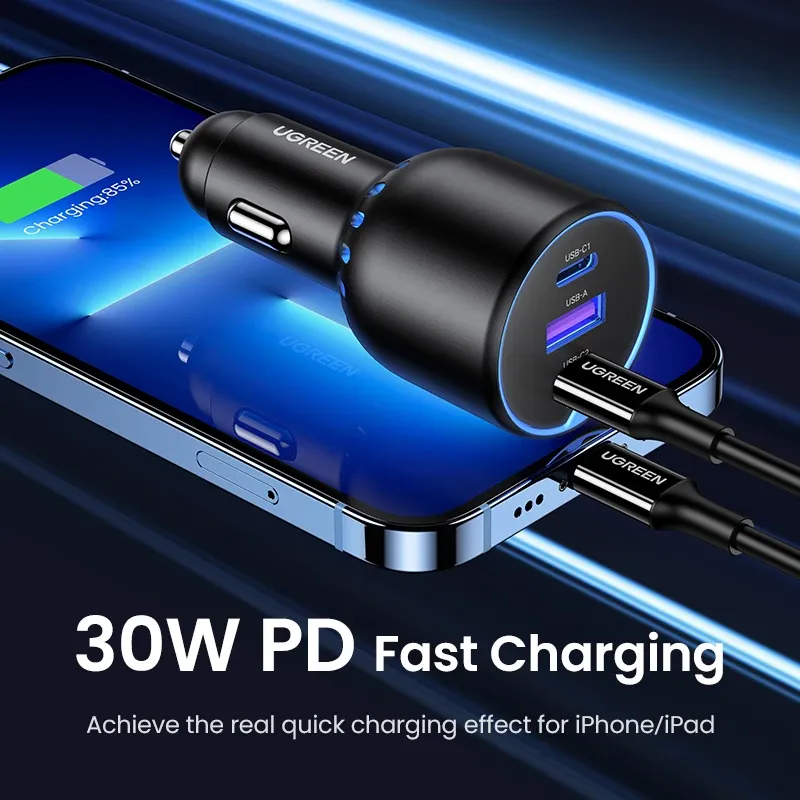 Chargeur de voiture USB-C UGREEN 130 W à charge rapide PD 3.0 pour Xiaomi, iPhone, Samsung Galaxy et ordinateurs portables 3