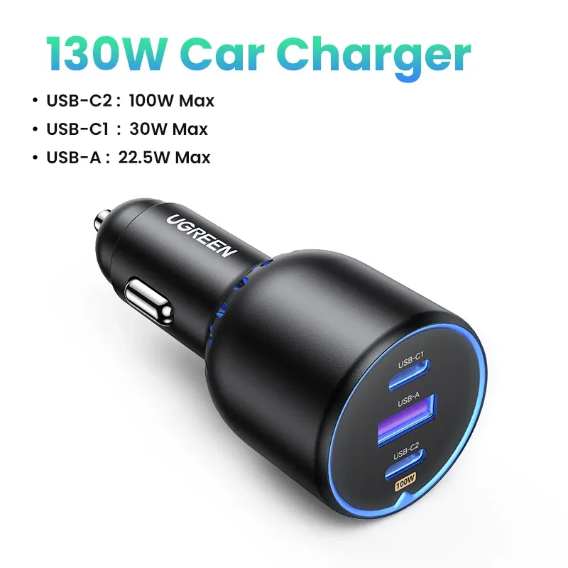 Chargeur de voiture USB-C UGREEN 130 W à charge rapide PD 3.0 pour Xiaomi, iPhone, Samsung Galaxy et ordinateurs portables 7