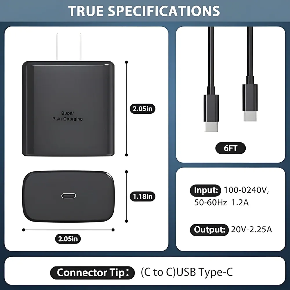 Chargeur rapide 45W avec câble USB-C pour Samsung Galaxy S25, S24, S23, S22, S21 Ultra et Note 20 3