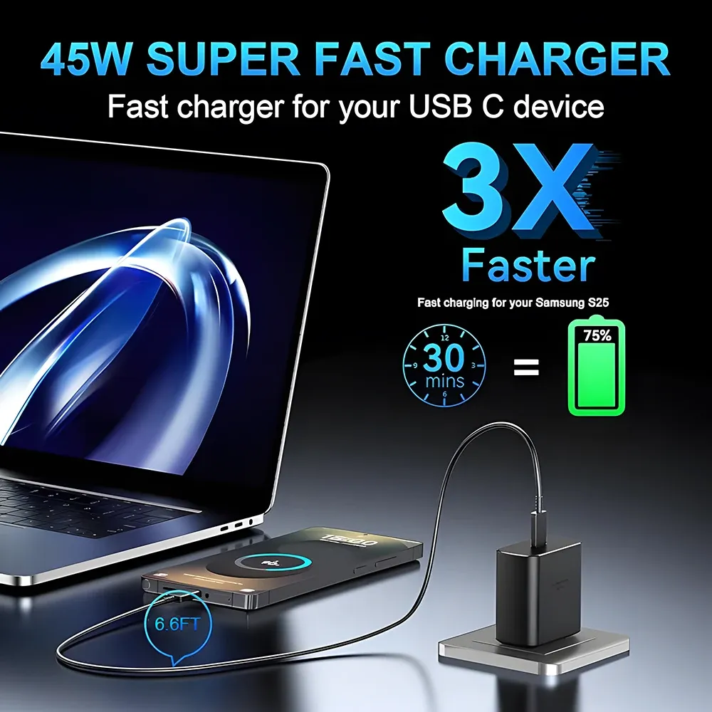 Chargeur rapide 45W avec câble USB-C pour Samsung Galaxy S25, S24, S23, S22, S21 Ultra et Note 20 5