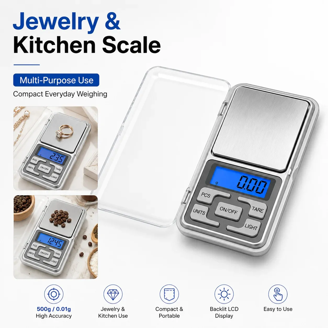 Balance de poche numérique mini 500 g, précision 0,01 g, balance LCD portable pour bijoux, pièces de monnaie, pierres précieuses, perles et petits objets 4