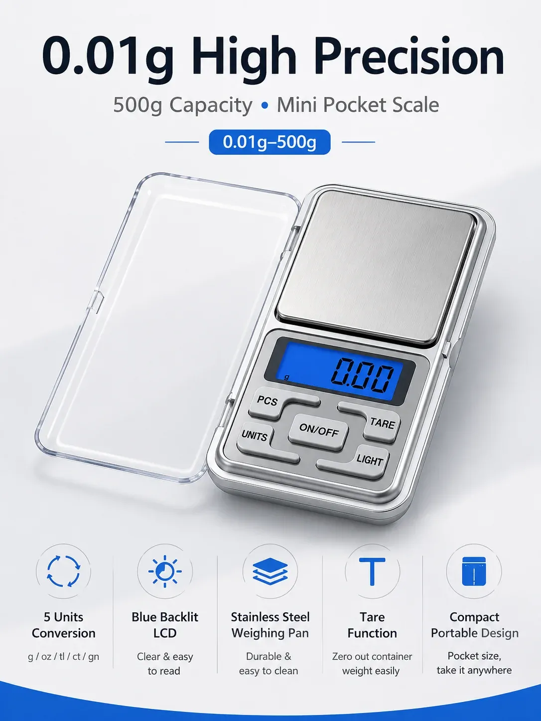 Balance de poche numérique avec écran LCD rétroéclairé en bleu