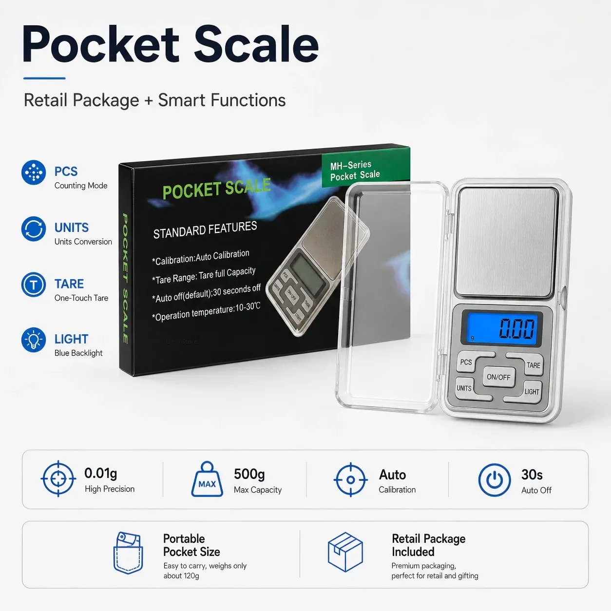 Balance de poche numérique mini 500 g, précision 0,01 g, balance LCD portable pour bijoux, pièces de monnaie, pierres précieuses, perles et petits objets 7