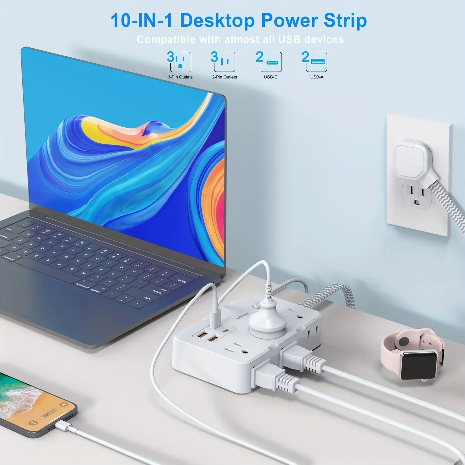 Multiprise américaine intelligente avec prises USB-C et chargeur, rallonge tressée pour la maison, protection contre les surtensions 2