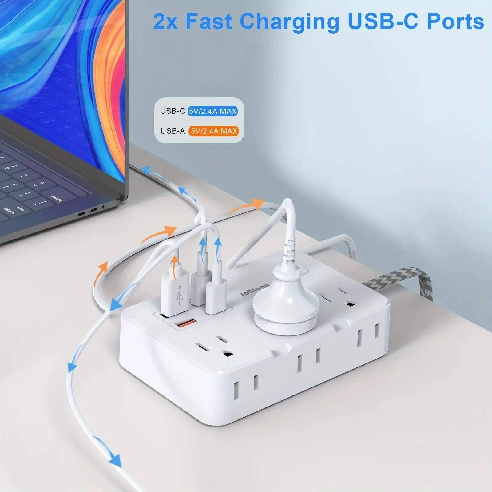 Multiprise américaine intelligente avec prises USB-C et chargeur, rallonge tressée pour la maison, protection contre les surtensions 5