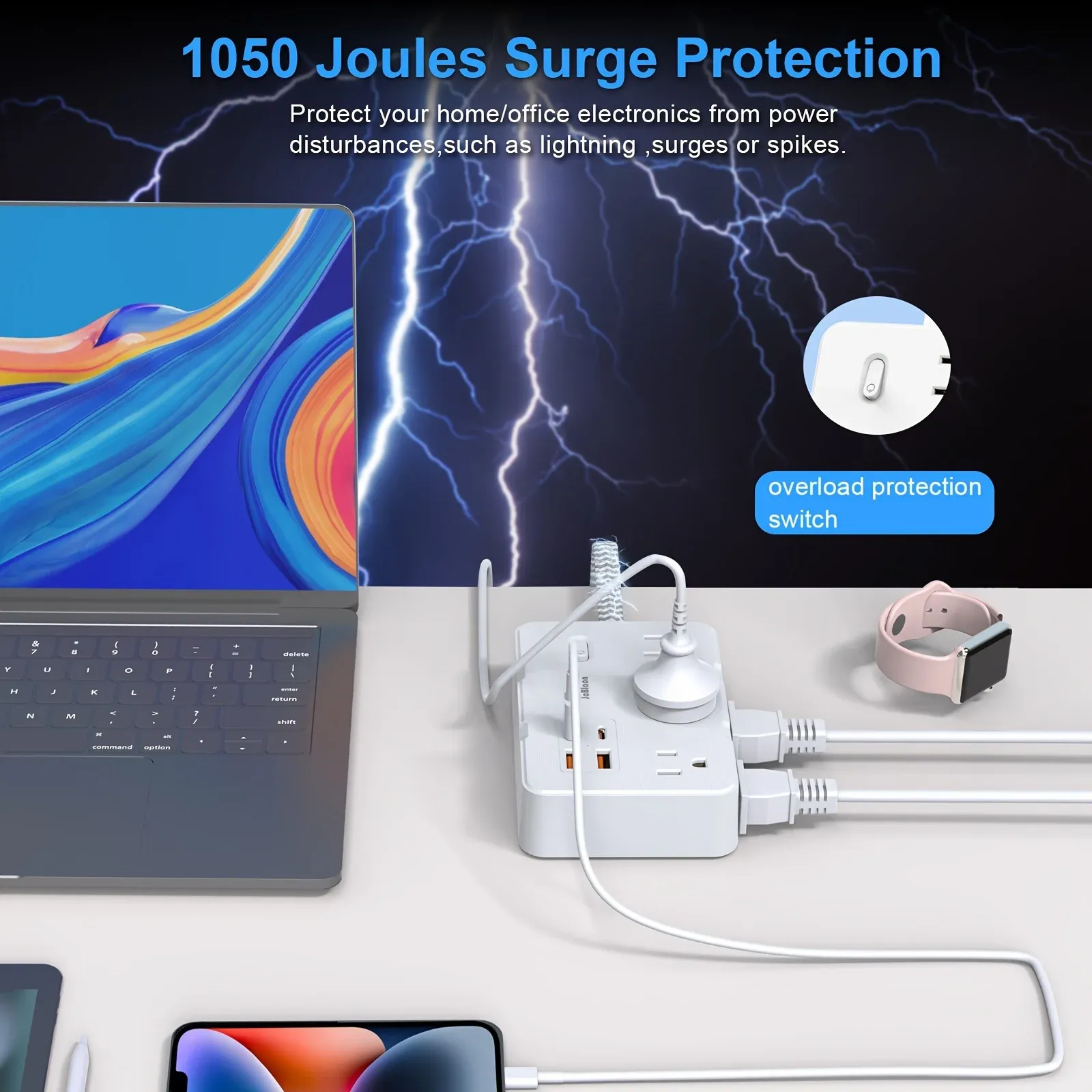 Multiprise américaine intelligente avec prises USB-C et chargeur, rallonge tressée pour la maison, protection contre les surtensions 6