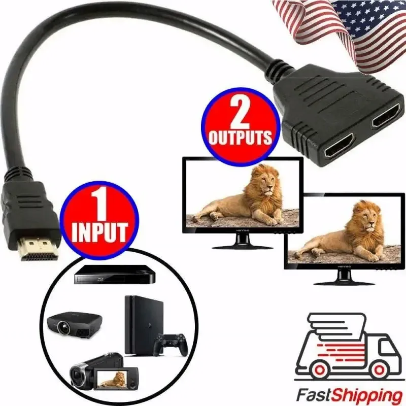 Câble répartiteur HDMI, commutateur vidéo 1 entrée vers 2 sorties, adaptateur HD 1080p pour Xbox, PS3, lecteur DVD, HDTV, PC et ordinateur portable