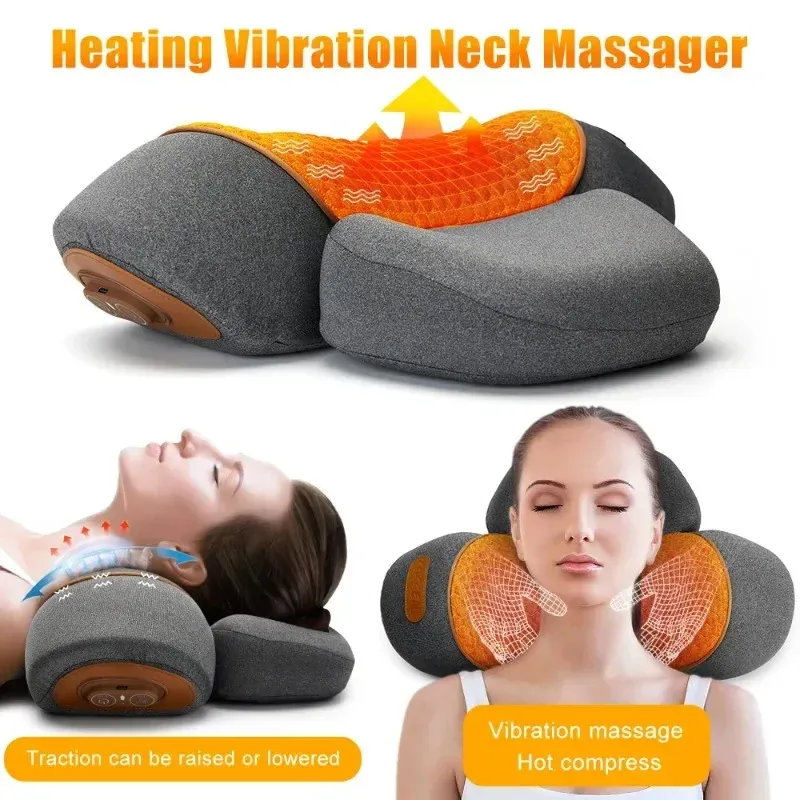 Oreiller cervical électrique avec massage, chauffage et vibration, support orthopédique pour le cou et le dos 1