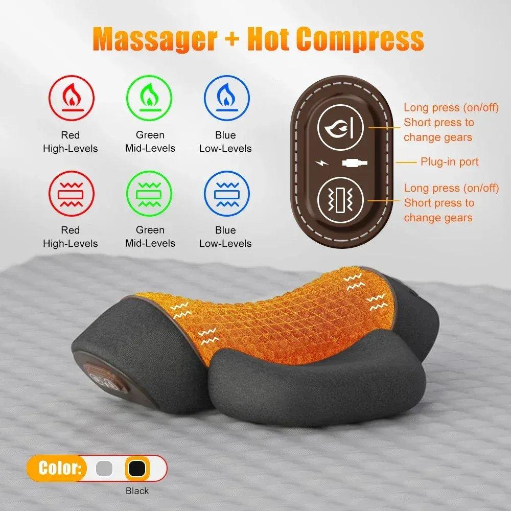 Oreiller cervical électrique avec massage, chauffage et vibration, support orthopédique pour le cou et le dos 8