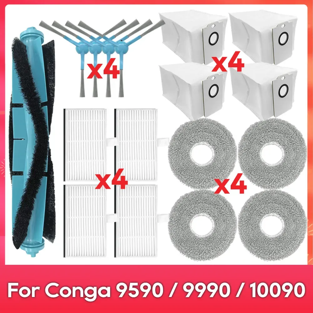Compatible avec (Conga 9590 / 9990 / 10090 AI Spin Revolution Ultra Power Home) : Brosse principale, brosse latérale, filtre, serpillière, sac à poussière, accessoire

Wait, that's the original English-free text already in French mostly; translating properly:

Compatible avec Conga 9590 / 9990 / 10090 AI Spin Revolution Ultra Power Home : brosse principale, brosse latérale, filtre, balai-serpillière, sac à poussière, accessoire 19
