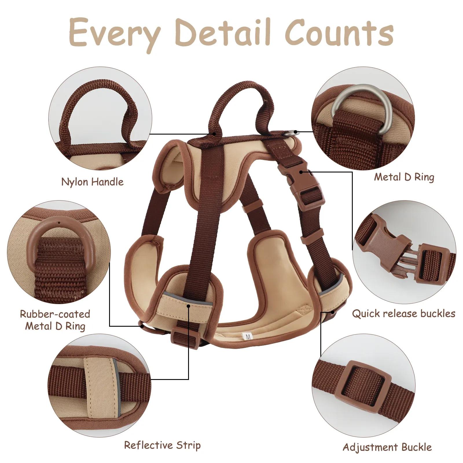 Harnais de luxe pour chien anti-traction, couleur chocolat, réglable, pour petits et grands chiens 2