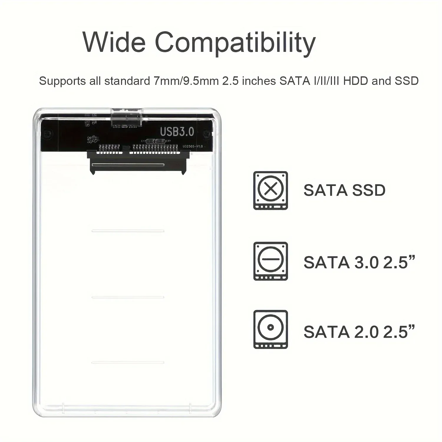 Boîtier transparent pour disque dur 2,5 pouces, adaptateur SATA vers USB 2.0 Type-C pour SSD, boîtier de disque dur externe portable sans outil 3