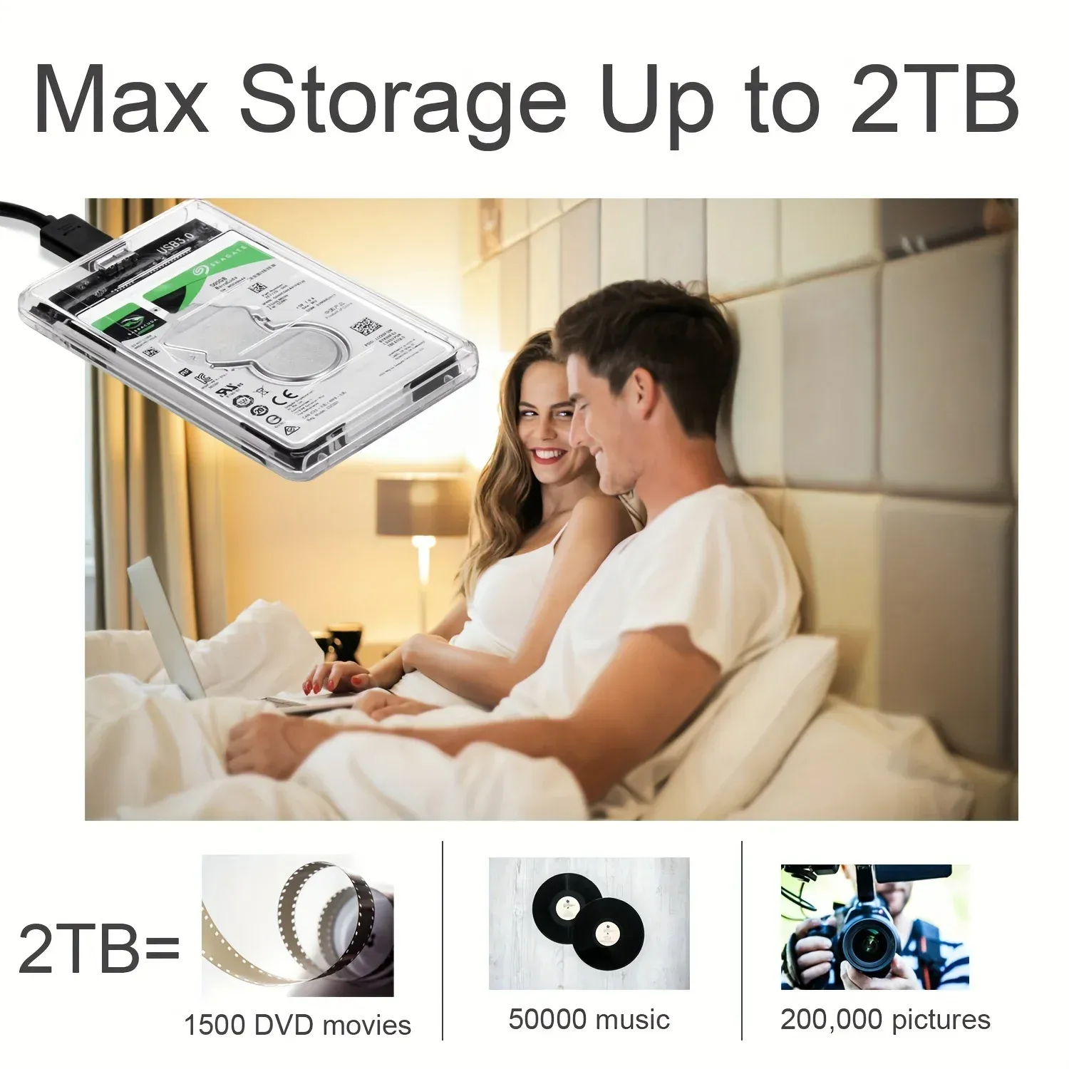 Boîtier transparent pour disque dur 2,5 pouces, adaptateur SATA vers USB 2.0 Type-C pour SSD, boîtier de disque dur externe portable sans outil 5