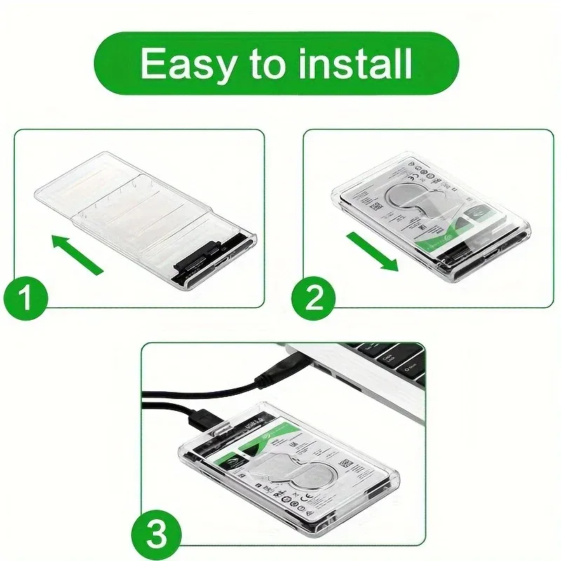 Boîtier transparent pour disque dur 2,5 pouces, adaptateur SATA vers USB 2.0 Type-C pour SSD, boîtier de disque dur externe portable sans outil 6