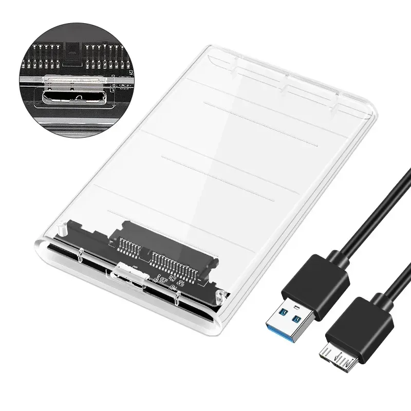 Boîtier transparent pour disque dur 2,5 pouces, adaptateur SATA vers USB 2.0 Type-C pour SSD, boîtier de disque dur externe portable sans outil 7
