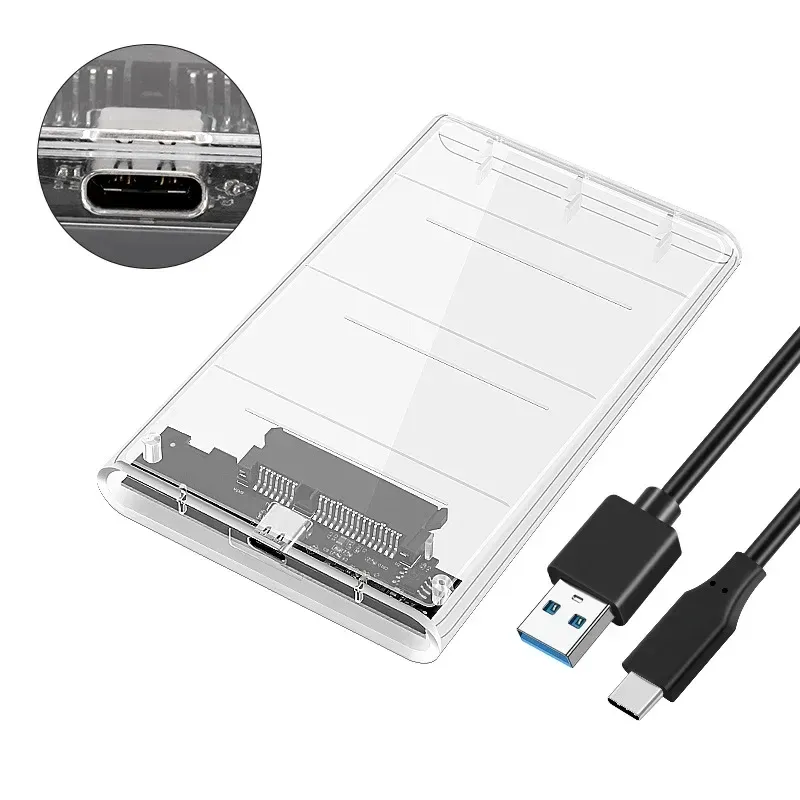 Boîtier transparent pour disque dur 2,5 pouces, adaptateur SATA vers USB 2.0 Type-C pour SSD, boîtier de disque dur externe portable sans outil 8