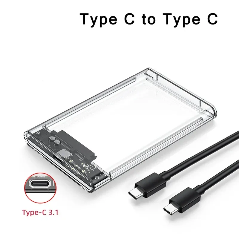 Boîtier transparent pour disque dur 2,5 pouces, adaptateur SATA vers USB 2.0 Type-C pour SSD, boîtier de disque dur externe portable sans outil 10