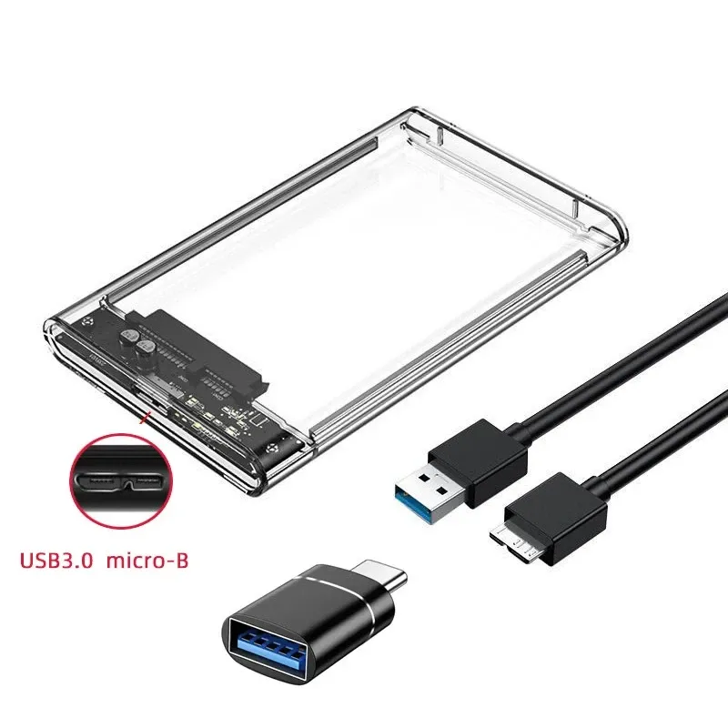 Boîtier transparent pour disque dur 2,5 pouces, adaptateur SATA vers USB 2.0 Type-C pour SSD, boîtier de disque dur externe portable sans outil 11
