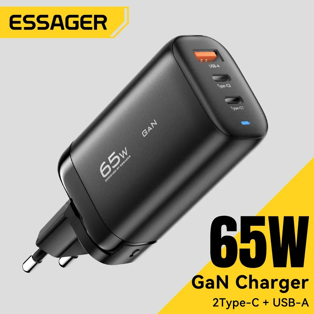 Chargeur GaN 65 W USB-C Essager pour ordinateur portable, PPS 45 W et 25 W, charge rapide compatible Samsung (QC 3.0, PD 3.0) et iPhone 14/13 Pro