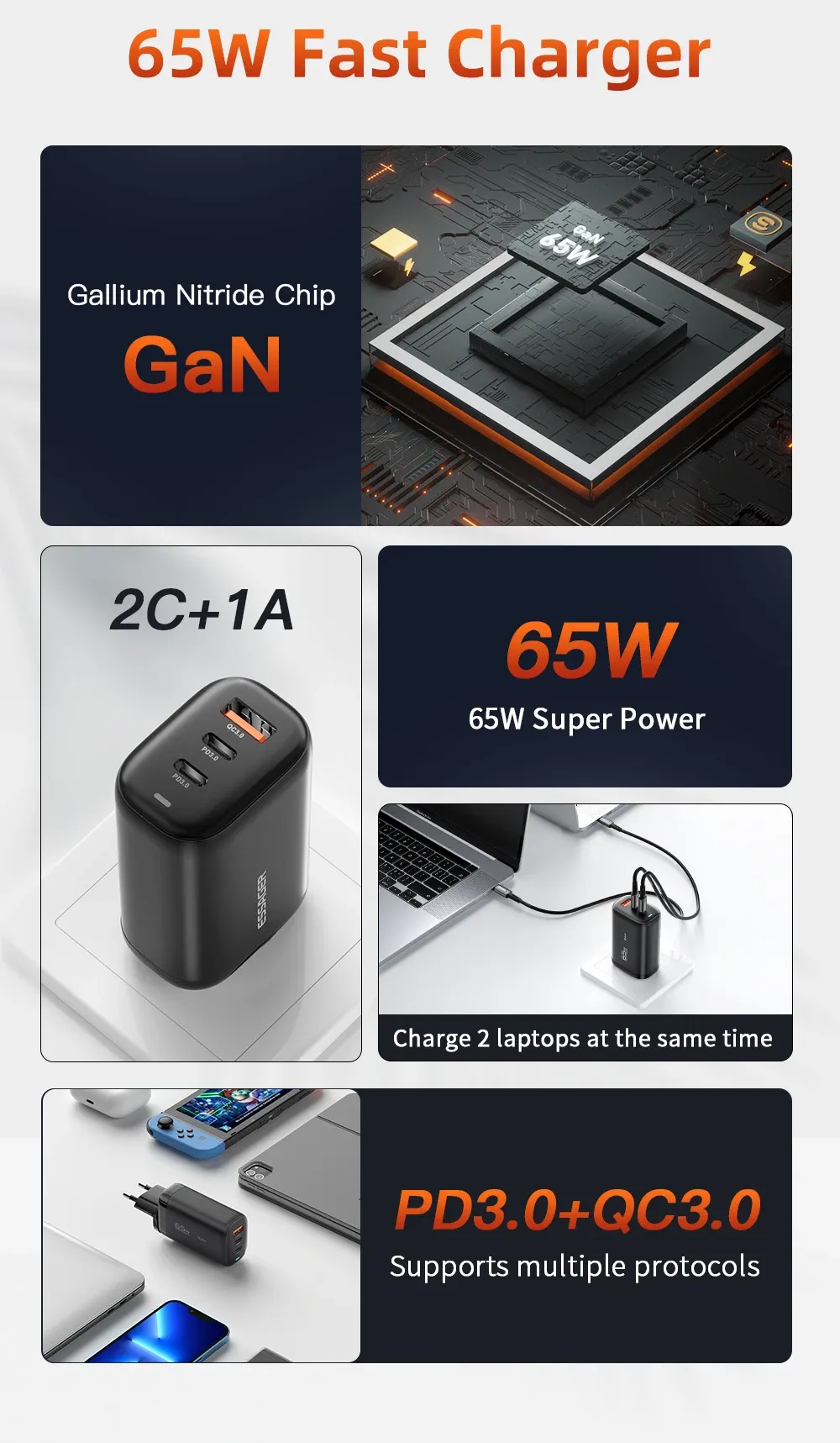 Chargeur Essager, détails du boîtier