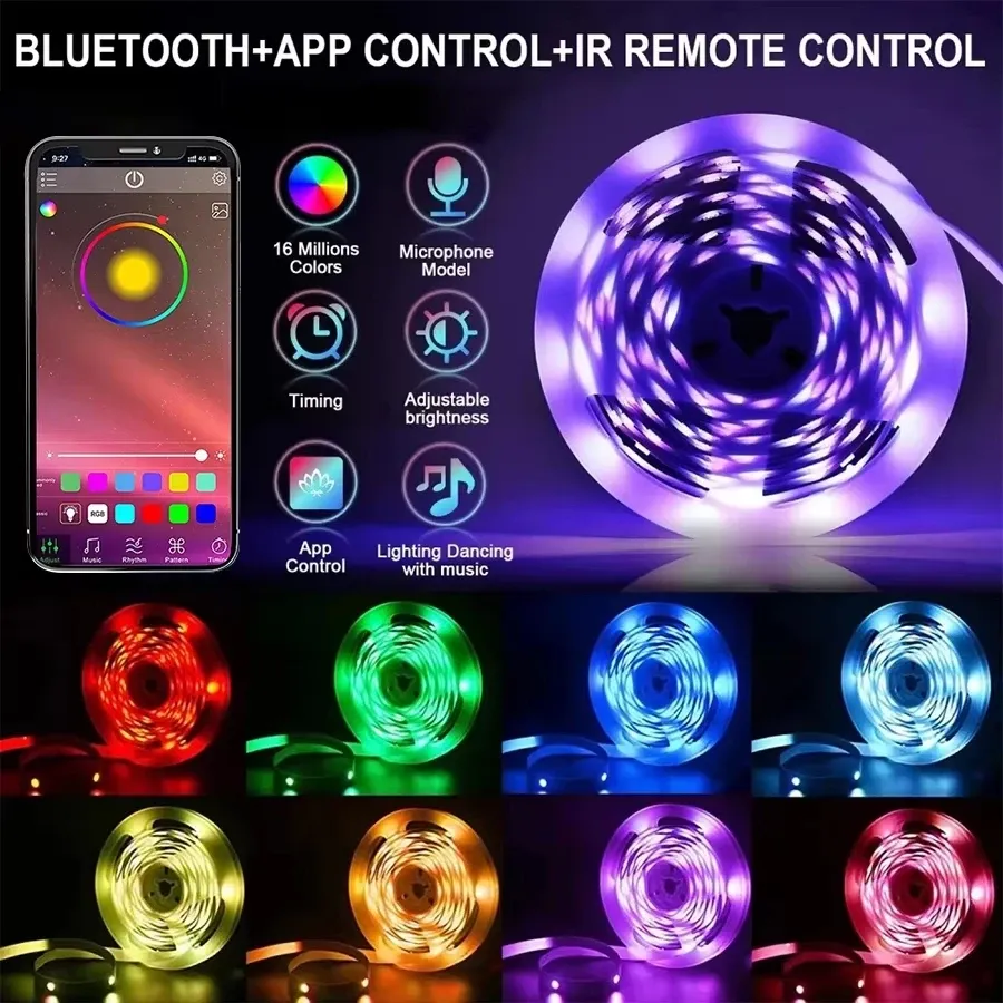Bande LED RGB intelligente 5050 USB 5 V avec synchronisation musicale, télécommande 24/44 touches et contrôle par application, ruban flexible pour salle de jeux et rétroéclairage TV 2