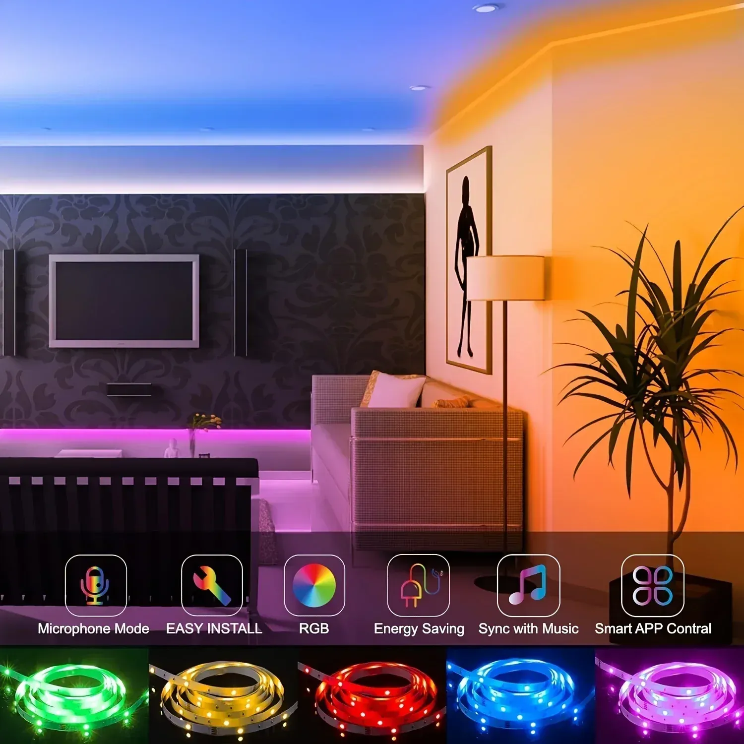 Bande LED RGB intelligente 5050 USB 5 V avec synchronisation musicale, télécommande 24/44 touches et contrôle par application, ruban flexible pour salle de jeux et rétroéclairage TV 5