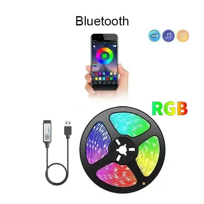 Bande LED RGB intelligente 5050 USB 5 V avec synchronisation musicale, télécommande 24/44 touches et contrôle par application, ruban flexible pour salle de jeux et rétroéclairage TV 10