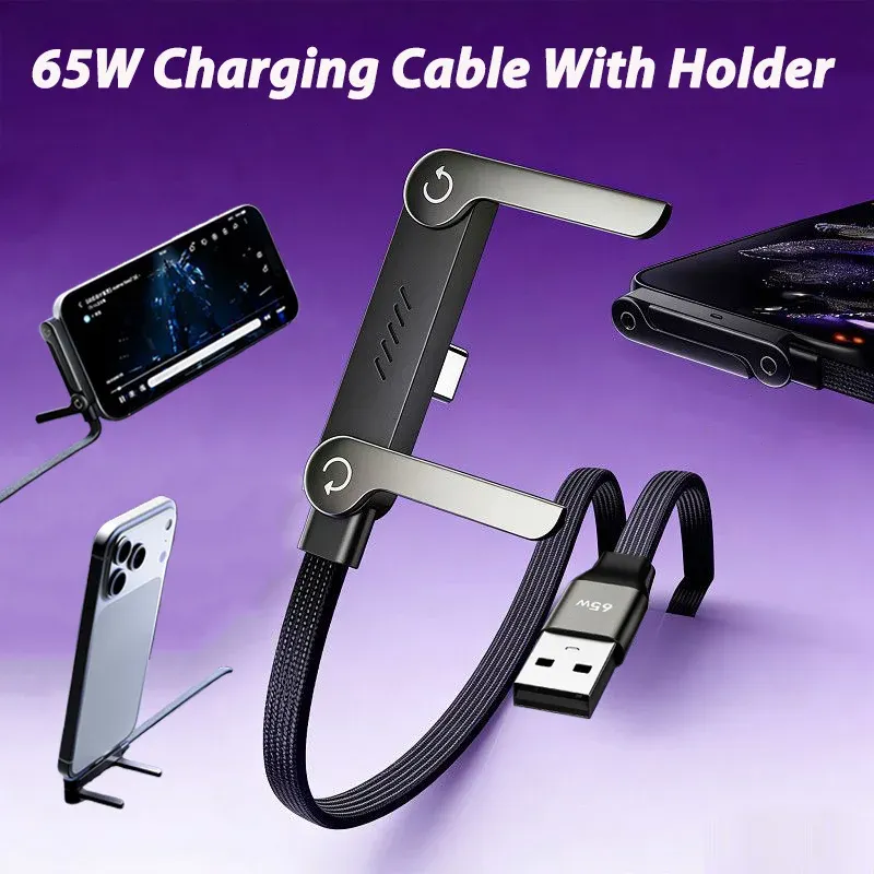 Câble de charge rapide USB 65 W avec support de téléphone pliable 2 en 1, câble de données à charge rapide USB-C, câble de charge USB-C pour téléphone portable