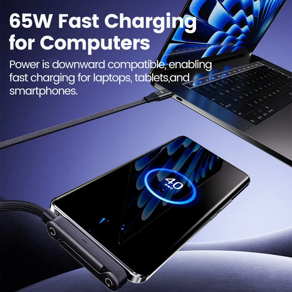 Câble de charge rapide USB 65 W avec support de téléphone pliable 2 en 1, câble de données à charge rapide USB-C, câble de charge USB-C pour téléphone portable 4