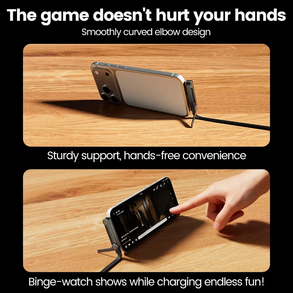 Câble de charge rapide USB 65 W avec support de téléphone pliable 2 en 1, câble de données à charge rapide USB-C, câble de charge USB-C pour téléphone portable 6