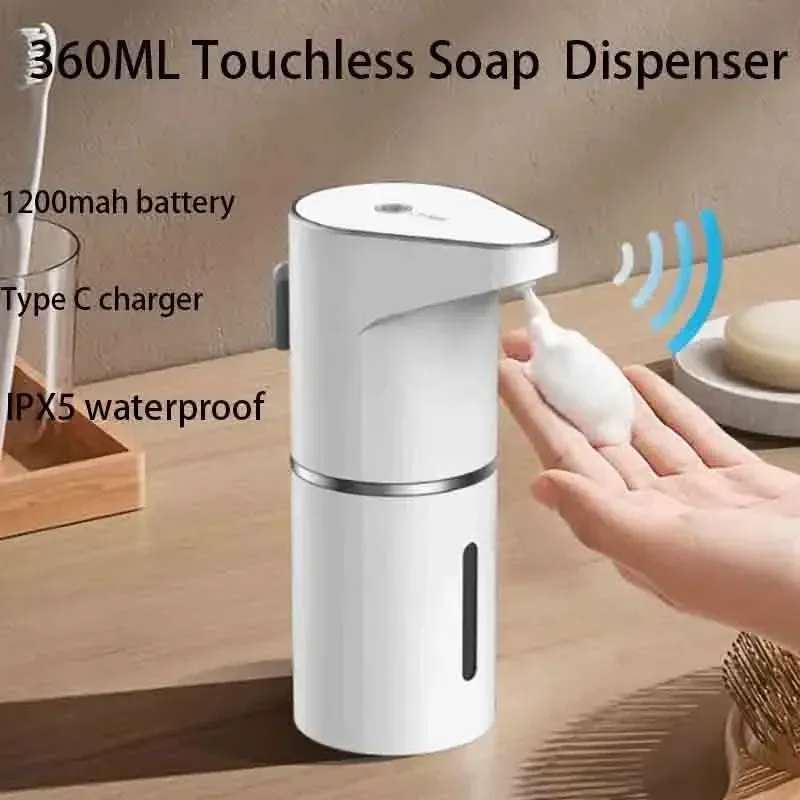 Distributeur de savon automatique sans contact pour salle de bains, à détection, avec recharge USB-C, mousse électrique et support mural vertical 3