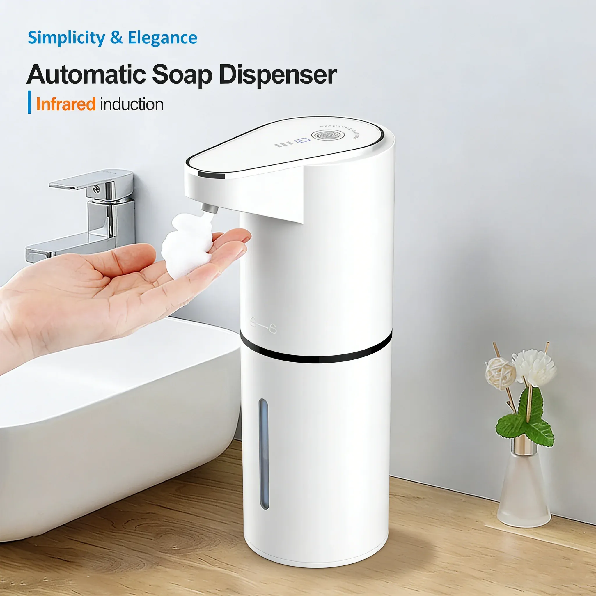 Distributeur de savon automatique sans contact pour salle de bains, à détection, avec recharge USB-C, mousse électrique et support mural vertical - Image 1