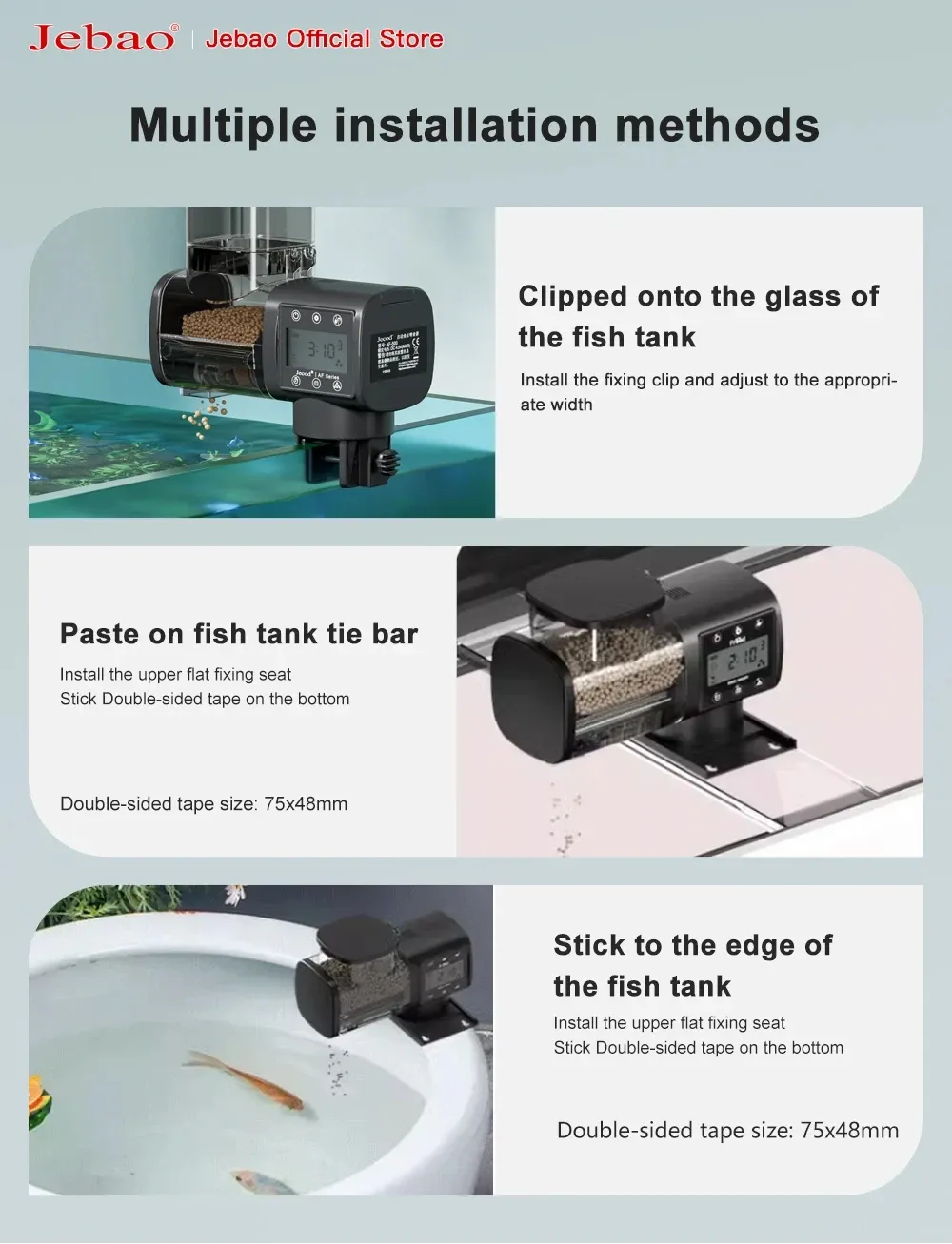 Distributeur automatique pour aquarium Jebao Jecod, finition et matériaux