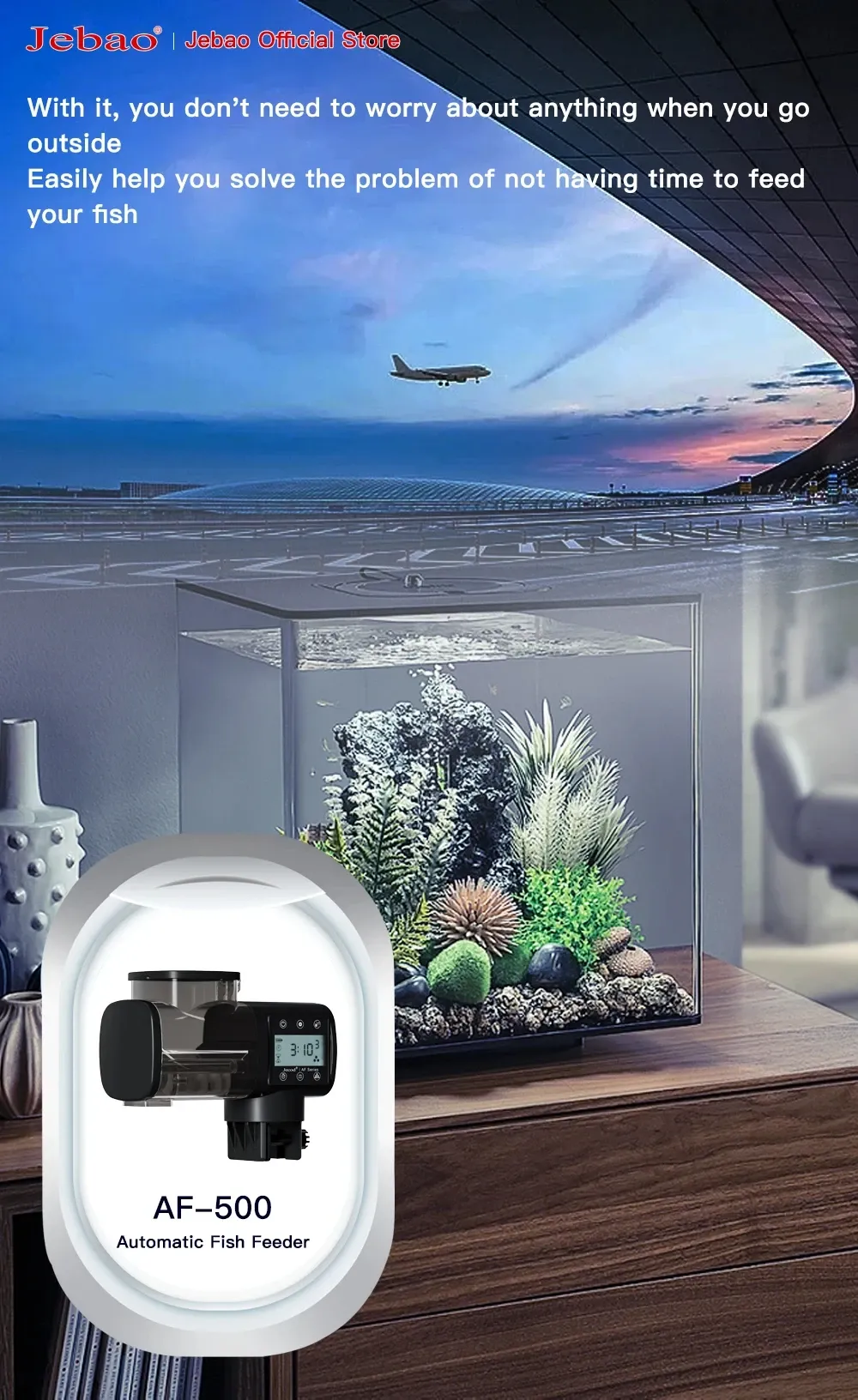 Distributeur automatique pour aquarium Jebao Jecod, détail du design
