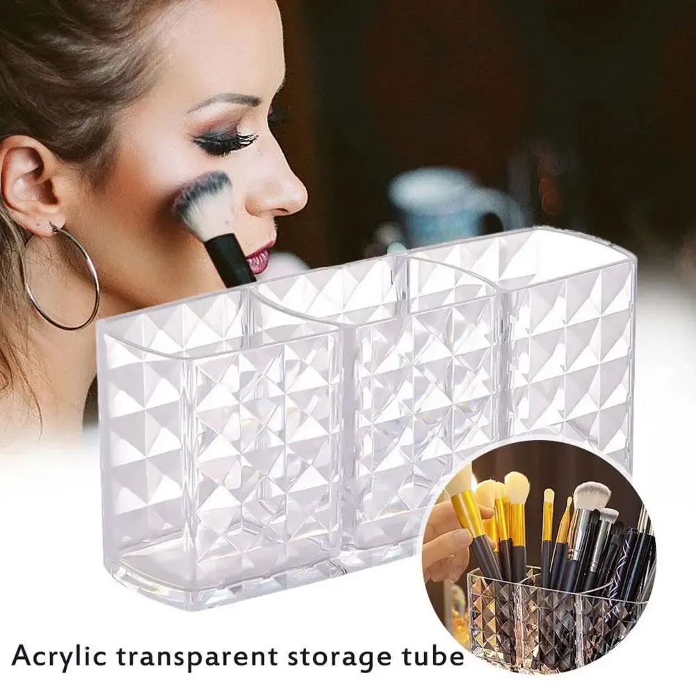 Support de rangement transparent en acrylique à 3 compartiments pour pinceaux de maquillage, rouges à lèvres et crayons à sourcils 2