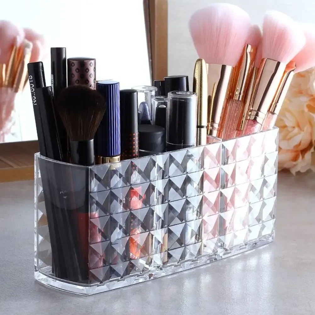 Support de rangement transparent en acrylique à 3 compartiments pour pinceaux de maquillage, rouges à lèvres et crayons à sourcils 5
