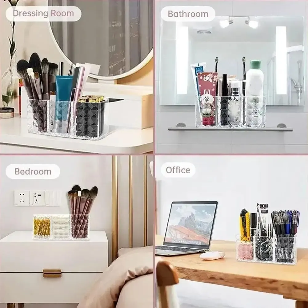 Support de rangement transparent en acrylique à 3 compartiments pour pinceaux de maquillage, rouges à lèvres et crayons à sourcils 6
