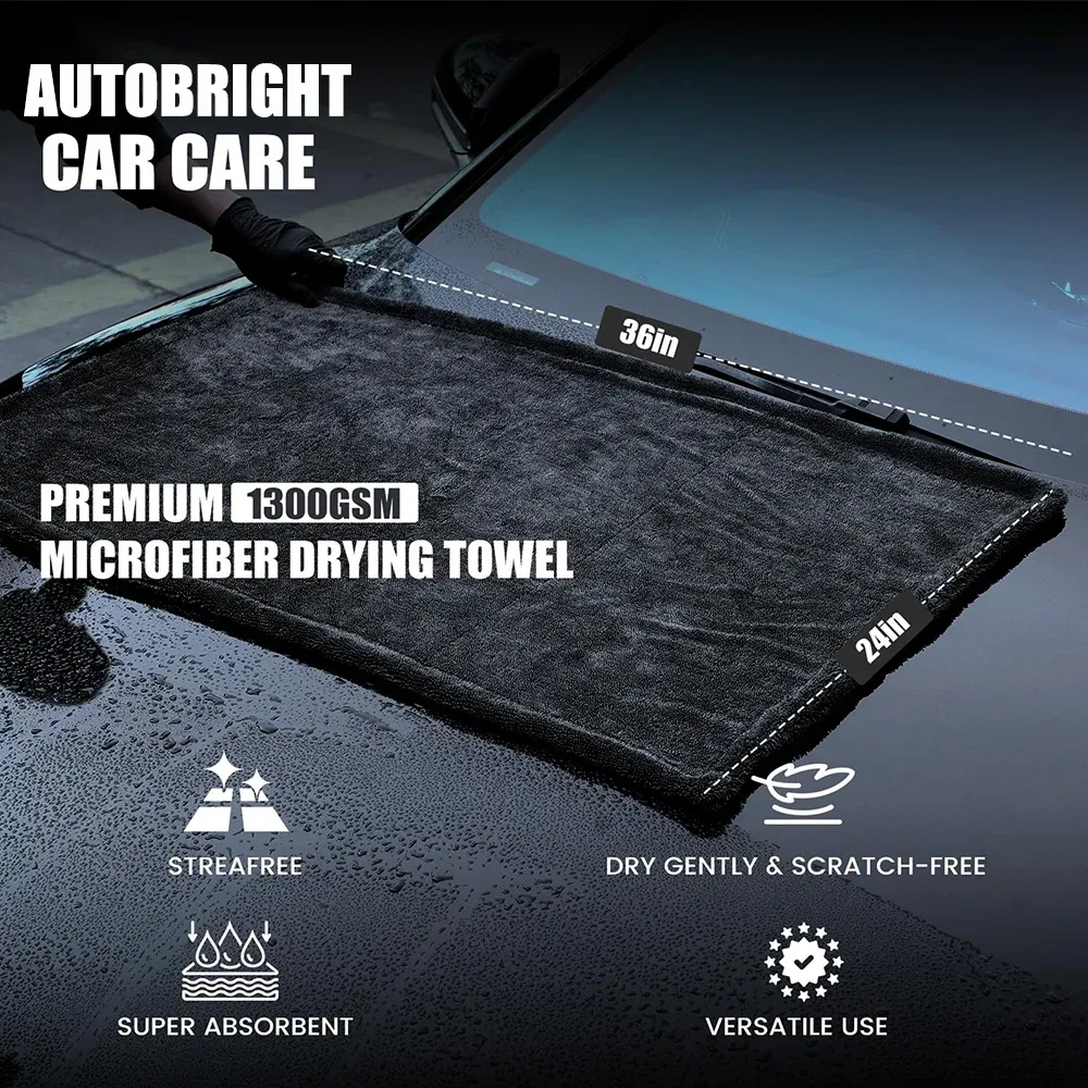AUTOBRIGHT Serviette en microfibre 1300 g/m², 60 x 90 cm (36 x 24 pouces), séchage et lavage de voiture, épaisse et douce, outil de nettoyage professionnel 2