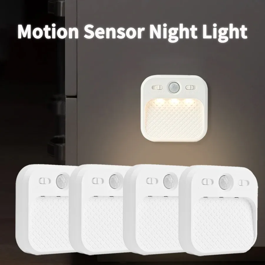 Lot de 1 à 4 veilleuses LED rechargeables avec détecteur de mouvement, fixation autocollante et aimantée, idéales pour chambre, escaliers, armoire, couloir et cuisine