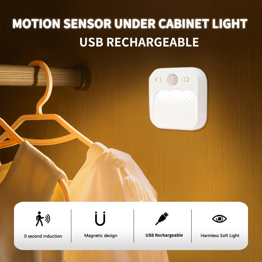 Lot de 1 à 4 veilleuses LED rechargeables avec détecteur de mouvement, fixation autocollante et aimantée, idéales pour chambre, escaliers, armoire, couloir et cuisine 7