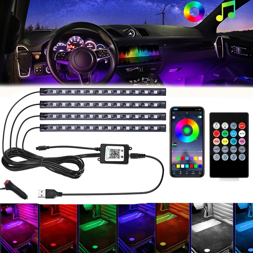 Éclairage d'ambiance pour pied de voiture, 72/48/36 LED RGB, avec allume-cigare USB, bande lumineuse intérieure automobile, barre décorative, télécommande/commande vocale