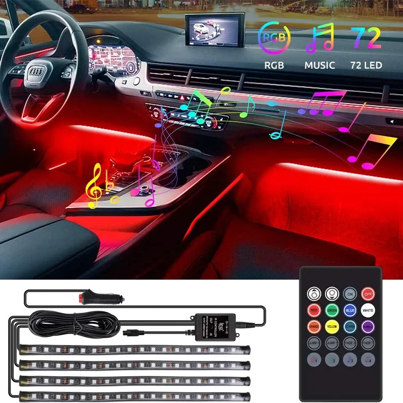 Éclairage d'ambiance pour pied de voiture, 72/48/36 LED RGB, avec allume-cigare USB, bande lumineuse intérieure automobile, barre décorative, télécommande/commande vocale 4
