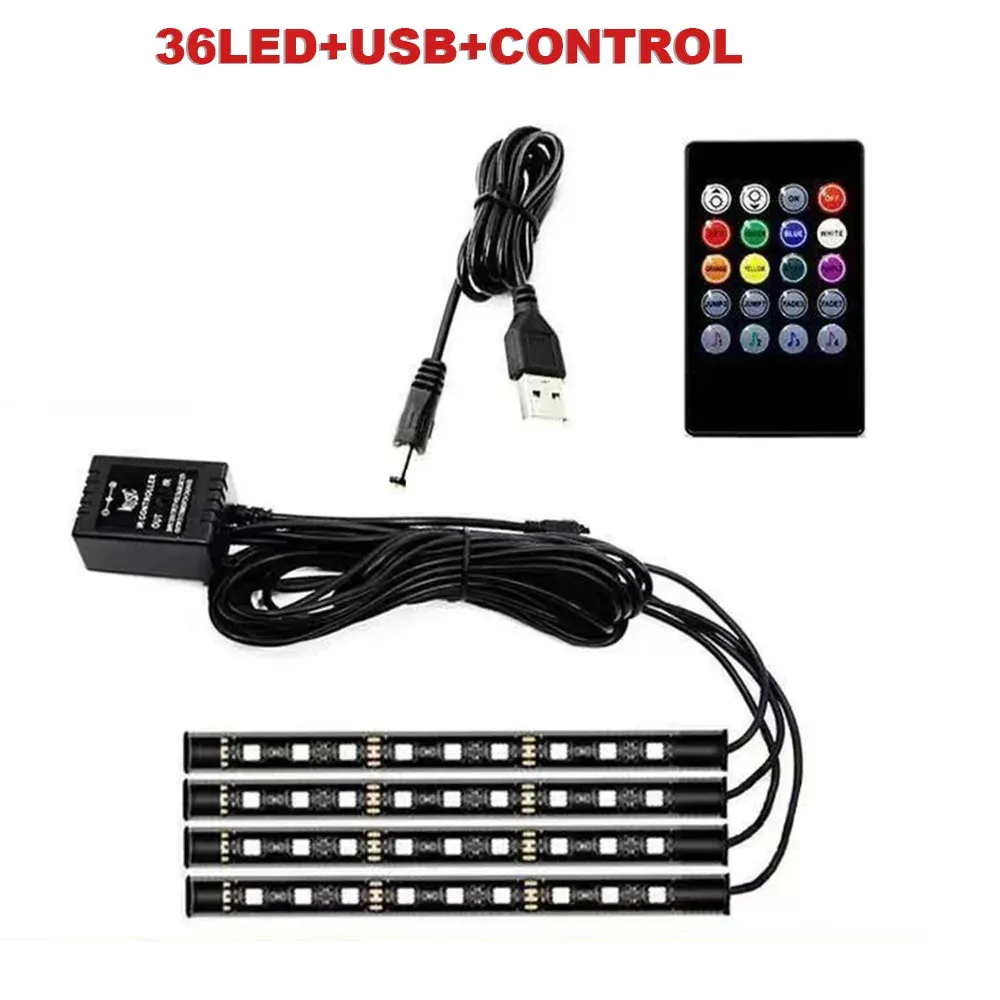 Éclairage d'ambiance pour pied de voiture, 72/48/36 LED RGB, avec allume-cigare USB, bande lumineuse intérieure automobile, barre décorative, télécommande/commande vocale 10