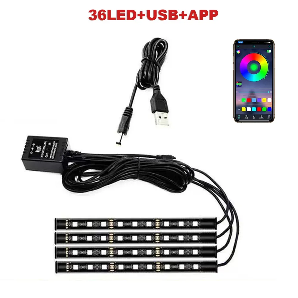 Éclairage d'ambiance pour pied de voiture, 72/48/36 LED RGB, avec allume-cigare USB, bande lumineuse intérieure automobile, barre décorative, télécommande/commande vocale 9