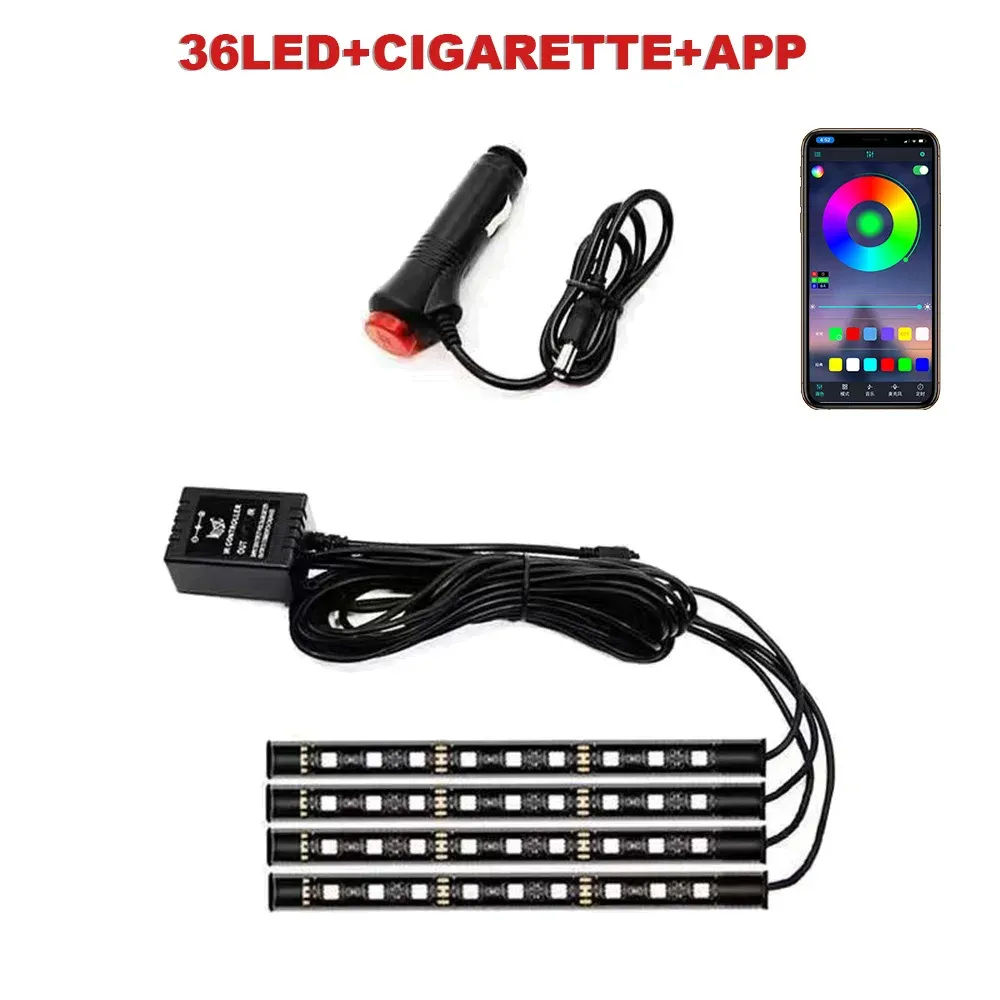 Éclairage d'ambiance pour pied de voiture, 72/48/36 LED RGB, avec allume-cigare USB, bande lumineuse intérieure automobile, barre décorative, télécommande/commande vocale 13