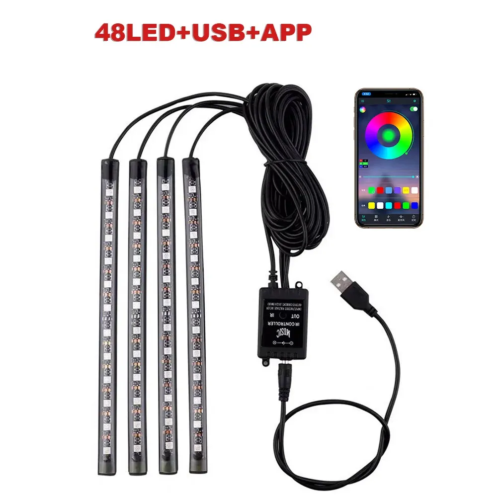 Éclairage d'ambiance pour pied de voiture, 72/48/36 LED RGB, avec allume-cigare USB, bande lumineuse intérieure automobile, barre décorative, télécommande/commande vocale 12